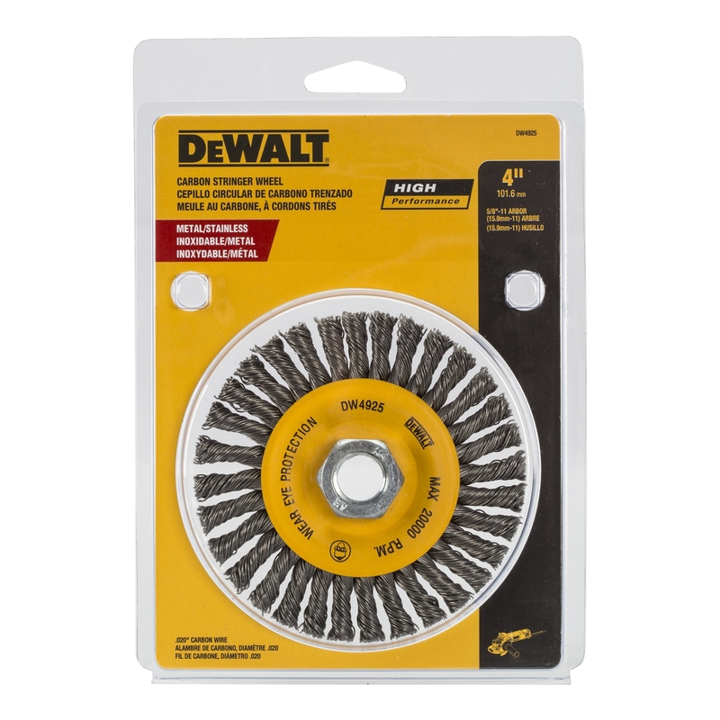 DEWALT DW4925 Wire Wheel Brush, 4 in Dia, 5/8-11 Arbor/Shank, 0.02 in Dia Bristle, Carbon Steel Bristle