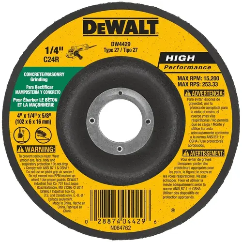 Grinding Wheel, 4 in Dia, 1/4 in Thick, 5/8 in Arbor, 24 Grit, Very Coarse Black/Yellow