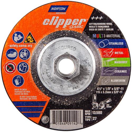Norton 70184609142 Clipper Classic AC AO/SC Series Grinding and Cutting Wheel, 4-1/2 in Dia, 1/8 in Thick, 5/8-11 Arbor