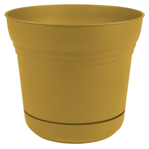 Saturn Planter with Saucer, 14-1/2 in W, 14-1/2 in D, Round, Classic Textured Design, Plastic, Matte Earthy Yellow