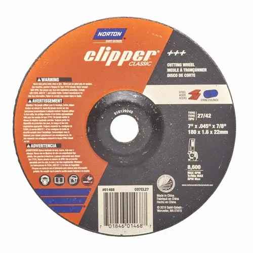 Norton 70184601468 Clipper Classic A AO Series Cut-off Wheel, 7 in Dia, 1/16 in Thick, 7/8 in Arbor