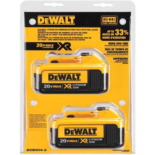 DEWALT DCB204-2 Premium XR Rechargeable Battery Pack, 20 V Battery, 4 Ah - pack of 2