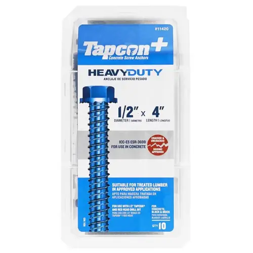 Buildex Tapcon 11420 Concrete Screw Anchor, 1/2 in Dia, 4 in L, Steel, Zinc Blue - pack of 10