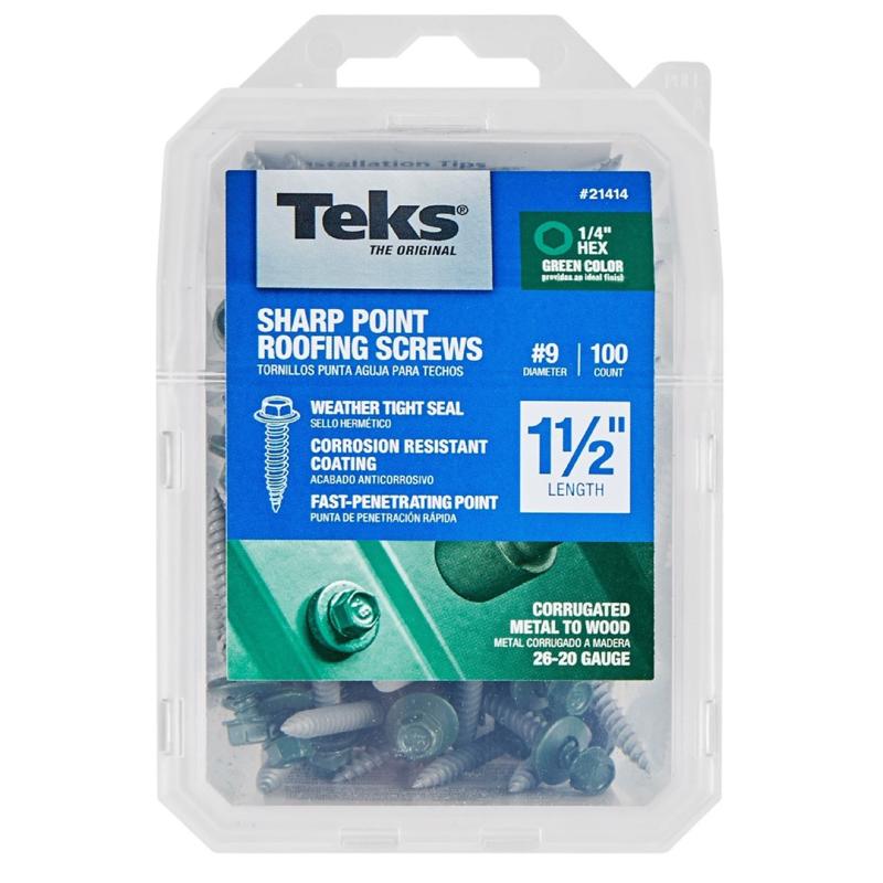 Teks 21414 Roofing Screws No. 9 X 1-1/2" L Hex Drive Hex Washer Head Evergreen