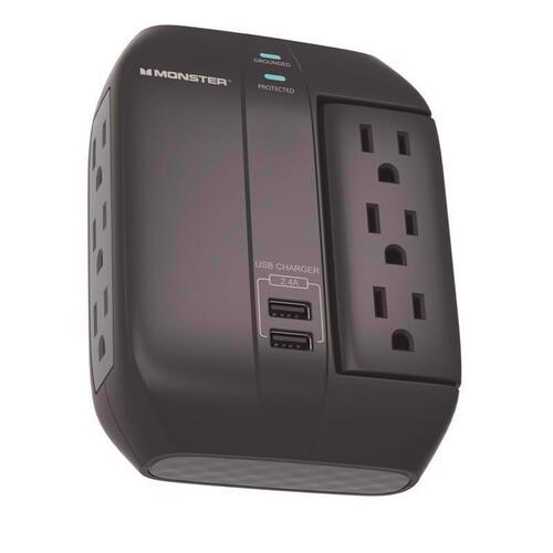 Wall Tap Surge Protector w/USB Just Power it Up 0 ft. L 6 outlets Black 1200 J Black