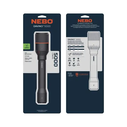 Nebo NEB-FLT-0022 DAVINCI Handheld Flashlight, 4500 mAh, Lithium-Ion Battery, LED Lamp, 5000 Lumens Black/Gray