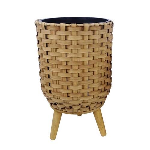 Plant Basket 15" H X 12" W X 12" D Plastic Wicker Beige/Black Beige/Black