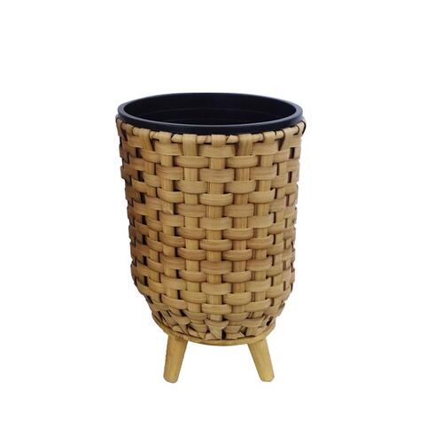 ALPINE YHL852S Plant Basket 13" H X 10" W X 10" D Plastic Wicker Beige/Black Beige/Black