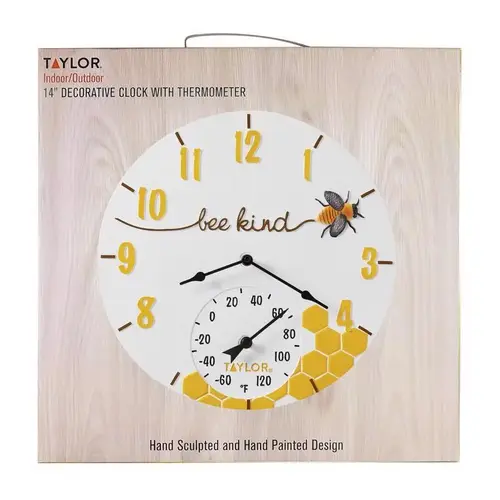 Clock/Thermometer Bee Kind Resin Multicolored 14" Multicolored