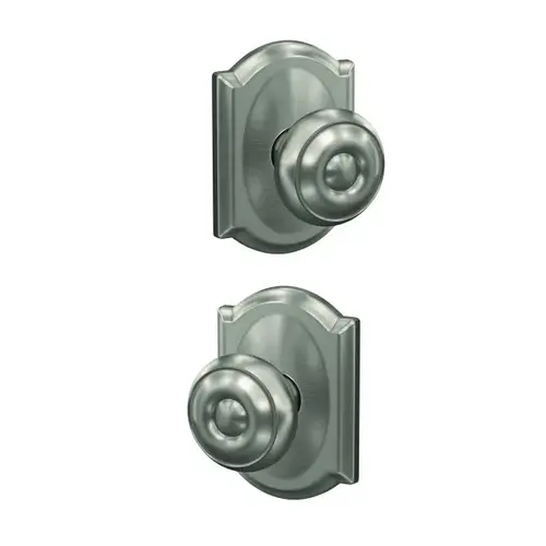 Georgian Knob with Camelot Rose Passage and Privacy Lock with 16600 Latch and 10027 Strike Satin Nickel Finish