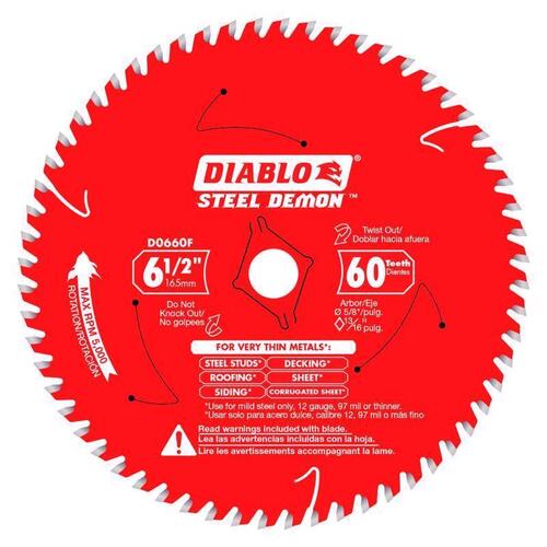 Diablo D0660FA STEEL DEMON Saw Blade, 6-1/2 in Dia, 5/8 in Arbor, 60-Teeth, Carbide Cutting Edge