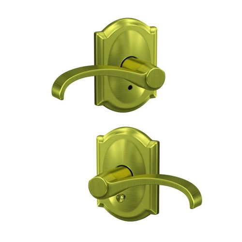 Whitney Lever with Camelot Rose Passage and Privacy Lock with 16600 Latch and 10027 Strike Satin Brass Finish