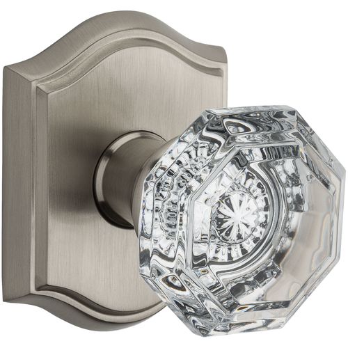 Privacy Crystal Knob and Traditional Arch Rose with 6AL Latch and Dual Strike Satin Nickel Finish