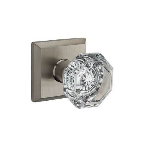 Privacy Crystal Knob and Traditional Square Rose with 6AL Latch and Dual Strike Satin Nickel Finish