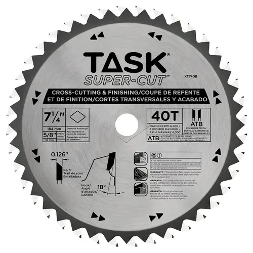 Supercut Finishing Saw Blade, 7-1/4 in Dia, 5/8 in Arbor, 40-Teeth, Tungsten Carbide Cutting Edge