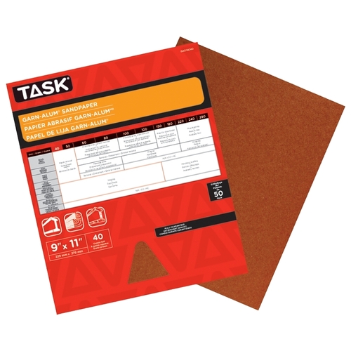 Garn-Alum Sandpaper, 11 in L, 9 in W, Coarse, 40 Grit, Aluminum Oxide Abrasive, Kraft Paper Backing - pack of 50