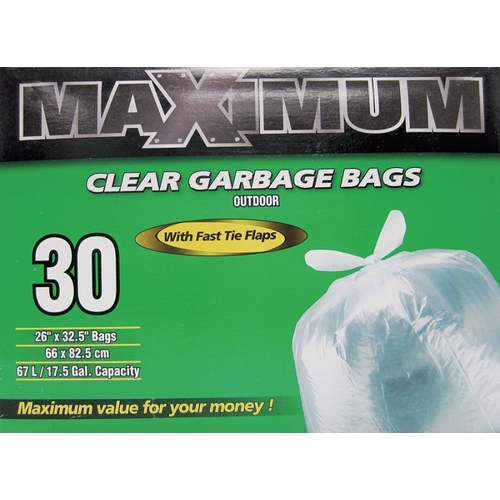 MAXIMUM Garbage Bag, 17.5 gal Capacity, Plastic/Virgin Hexene, Clear - pack of 30