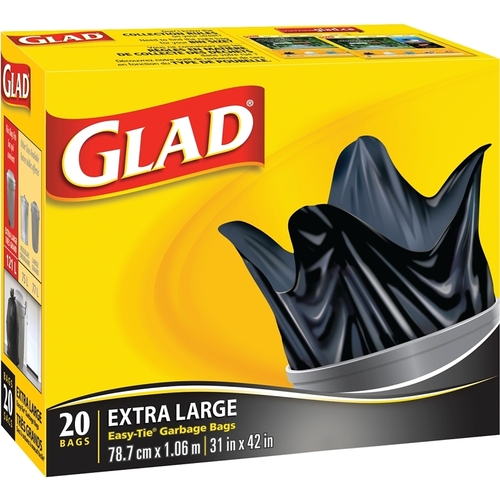 GLAD 30312 Easy-Tie 30200 Garbage Bag, XL, Plastic, Black - pack of 20