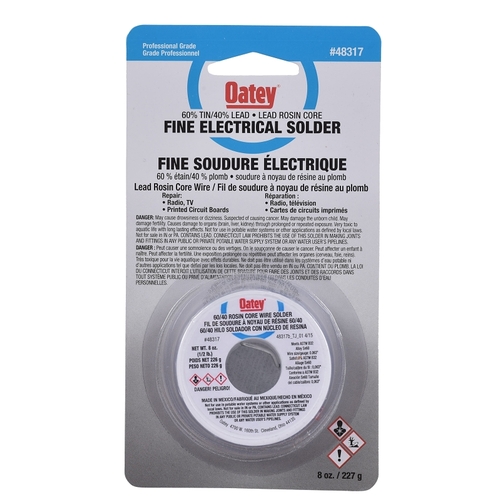 Oatey 48317 Rosin Core Wire Solder, 226 g Carded, Solid, Silver Gray, 182.22 to 237.78 deg C Melting Point