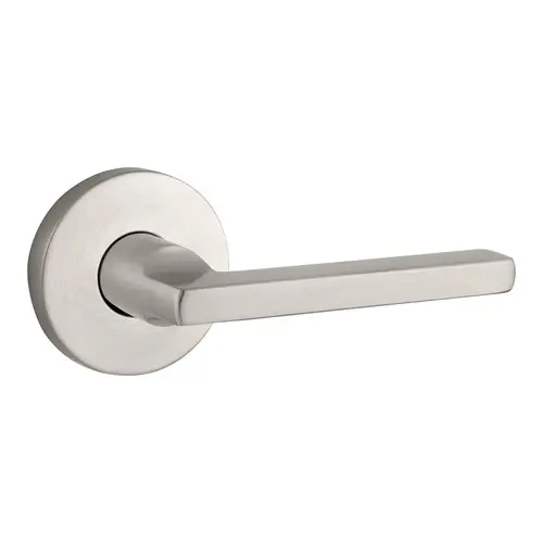 Passage Square Lever and Contemporary Round Rose with 6AL Latch and Dual Strike Satin Nickel Finish