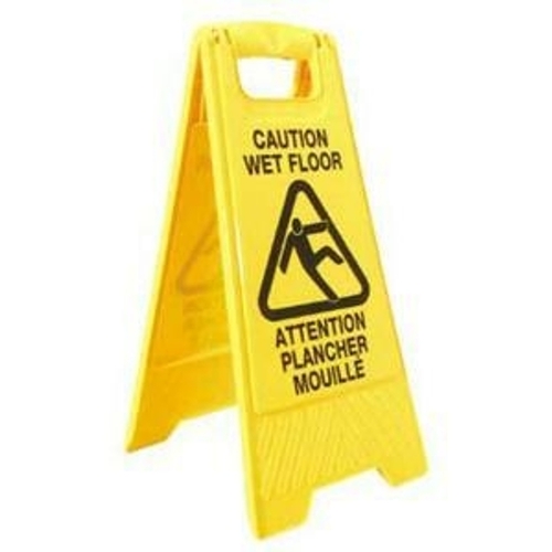 611285YEL Wet Floor Caution Sign, 11 in W, 25 in H, Yellow Background, Wet Floor, English, French