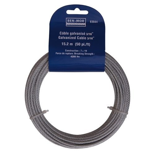 Ben-Mor 83044 Aircraft Cable, 3/16 in Dia, 50 ft L, 4200 lb Working Load, Carbon Steel, Galvanized
