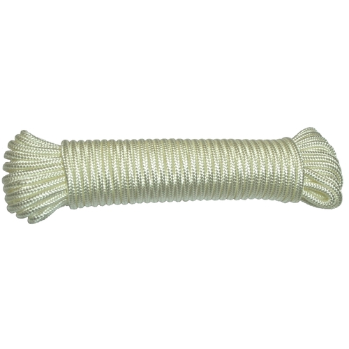 Rope, 3/16 in Dia, 50 ft L, Nylon, White, Hank