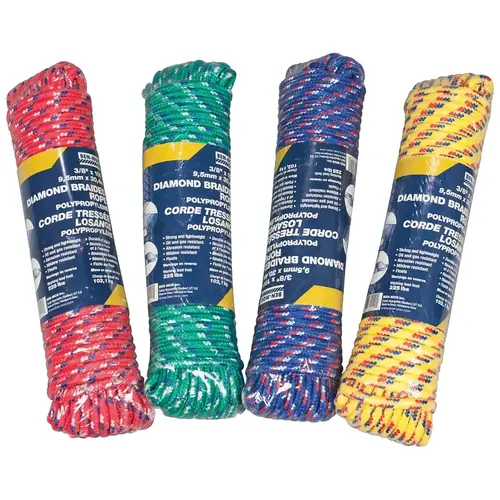 Rope, 3/8 in Dia, 100 ft L, Polypropylene, Multi-Color