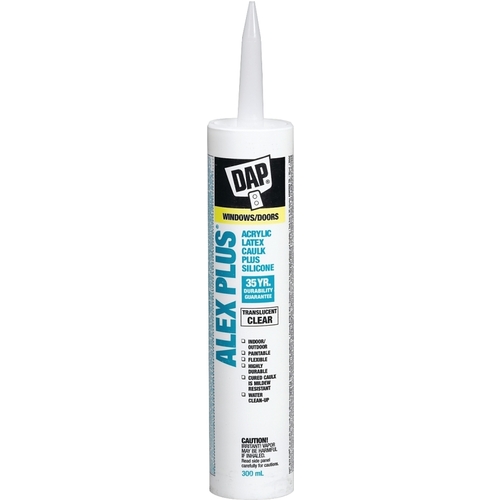 ALEX PLUS 74235 Acrylic Latex Caulk Plus Silicone, Clear, 7 to 14 days Curing, 40 to 100 deg F, 300 mL Cartridge