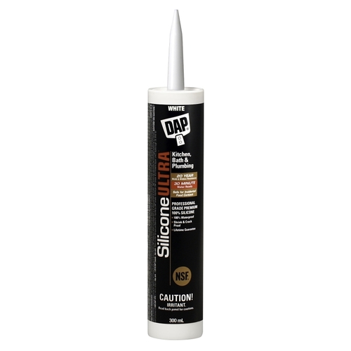 DAP 73389 SILICONE ULTRA Bath and Plumbing Sealant, White, 24 hr Curing, -37 to 60 deg C, 300 mL Cartridge