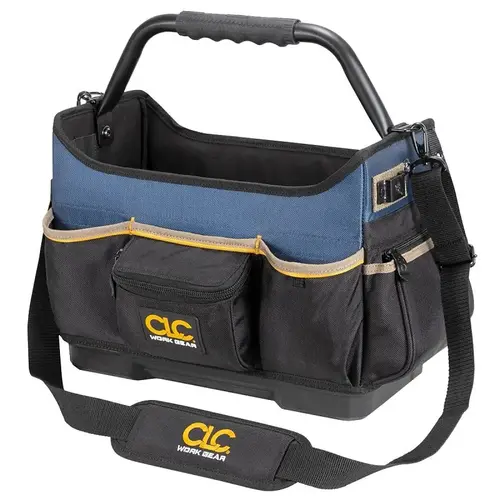 TOOL WORKS Molded-Base Open Top Tool Bag, 15 in W, 8 in D, 12 in H, 17-Pocket, Polyester, Black/Blue