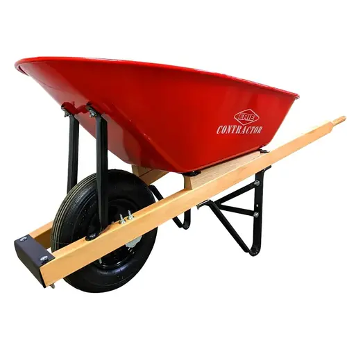 E- Contractor Wheelbarrow, 6 cu-ft Volume, Steel, 1-Wheel, Pneumatic Wheel, 15.25 in Dia x 4 in W Wheel Orange