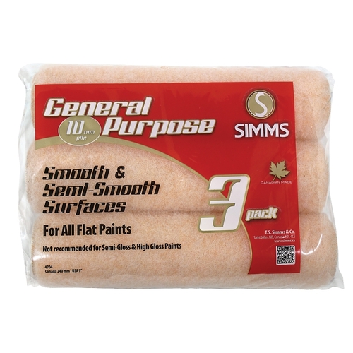 General-Purpose Roller Refill, 3/8 in Thick Nap, 9-1/2 in L, Polyester Fabric Cover - pack of 3