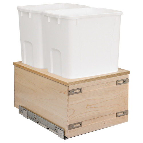 Double Waste Bin, Baltic Birch, Bottom Mount 2 x 34 qts 21 1/2" 18" 19 5/8" 14 7/8" Century Cascade Series, for 18" cabinet width, 2 x 34 qts, white, push to open Bins: white