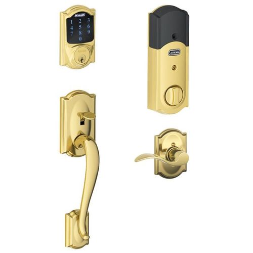 Right Hand Camelot with Accent Lever Handleset with Touchscreen Deadbolt with Adjustable Backsets and Dual Strikes Bright Brass Finish