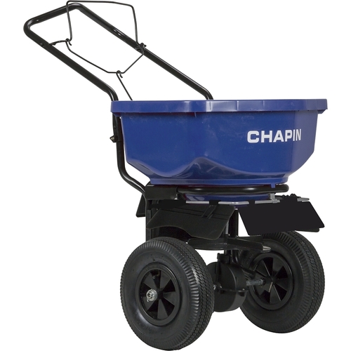 Chapin International 8201A Salt Spreader, 80 lb Capacity, Steel Frame, Poly Hopper, Pneumatic Wheel