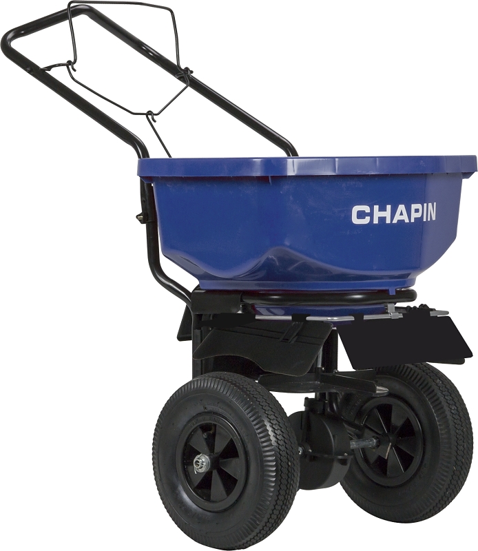 Chapin International 8201A Salt Spreader, 80 lb Capacity, Steel Frame, Poly Hopper, Pneumatic Wheel