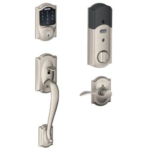 Right Hand Camelot with Accent Lever Handleset with Touchscreen Deadbolt with Adjustable Backsets and Dual Strikes Satin Nickel Finish