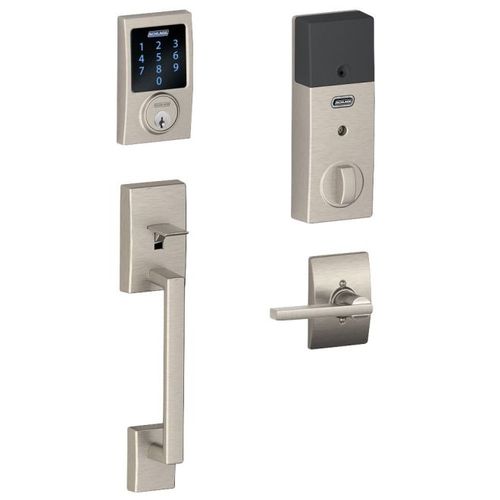 Century with Latitude Lever Handleset with Touchscreen Deadbolt with Adjustable Backsets and Dual Strikes Satin Nickel Finish