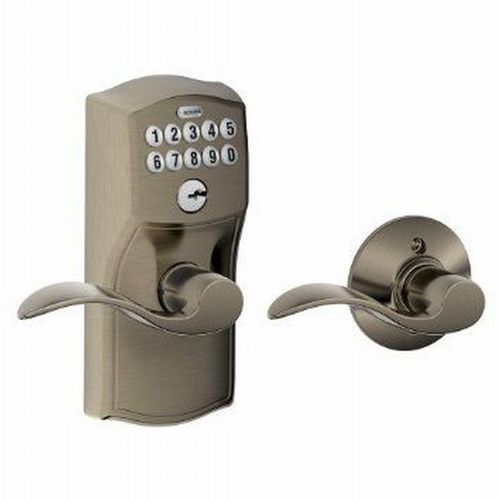 Schlage Residential FE575 CAM620ACC Camelot with Accent Lever Keyed Entry Auto Lock Electronic Keypad with 16211 Latch and 10063 Strike Antique Nickel Finish