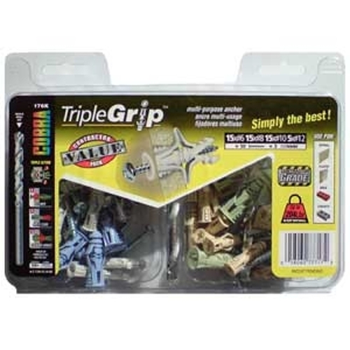 Triple Grip 176K TripleGrip Anchor Assortment, #6, #8, #10, #12 Dia, 61 lb, Polyethylene