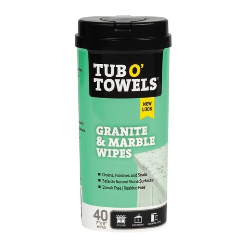 Tub O' Towels TW40-GR Granite and Marble Cleaning Wipes, 8 in L, 7 in W, 1-Ply, Mild, Polypropylene