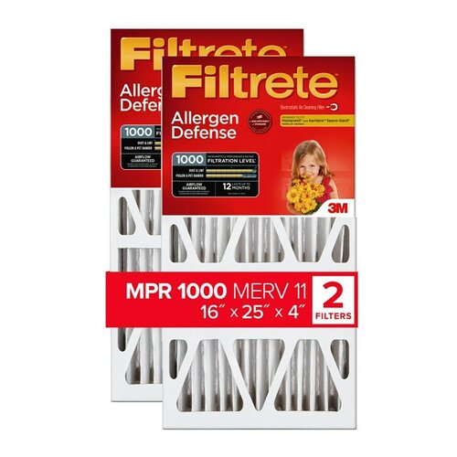 Allergen Air Filter 16" W X 25" H X 4" D Pleated 11 MERV Pleated White Pair