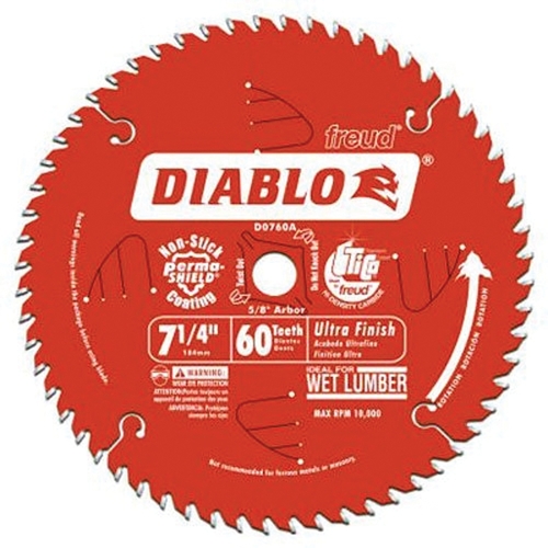 Circular Saw Blade, 7-1/4 in Dia, 5/8 in Arbor, 60-Teeth, Carbide Cutting Edge Perma-Shield