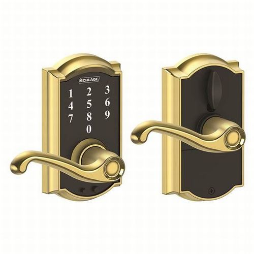 Camelot with Flair Lever Keyless Touch Lever Lock with 16211 Latch and 10063 Strike Bright Brass Finish