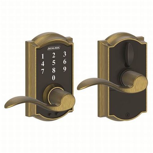 Schlage Residential FE695 CAM609ACC Camelot with Accent Lever Keyless Touch Lever Lock with 16211 Latch and 10063 Strike Antique Brass Finish
