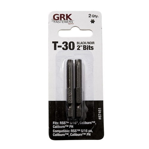 GRK Fasteners 87451 Drive Bit, T30 Drive, Star Drive, 2 in L, 2/PK Black - pack of 2