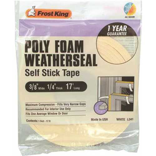 Frost King L341H L34IH Foam Tape, 3/8 in W, 17 ft L, 1/4 in Thick, Polyfoam, White