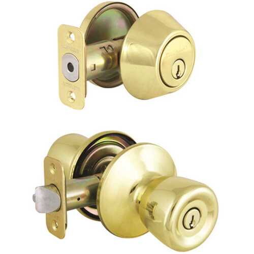 Waterbury Polished Brass Keyed Entry Door Knob with Single Cylinder Deadbolt Combo Pack Master Pinned