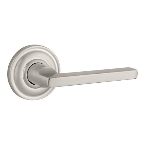 Entry Square Lever and Traditional Round Rose with 6AL Latch and Dual Strike Satin Nickel Finish